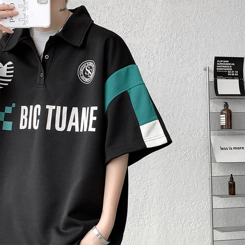 Men's Polo Shirt Patchwork Quarter Sleeved Loose Oversized Top_voghion.com