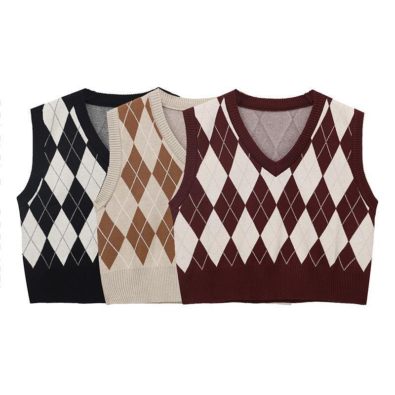 Knitted Vest with Rhombus Contrasting Collar, Sleeveless Women's Summer Korean Style Versatile Slimming Top for Small People, Trendy