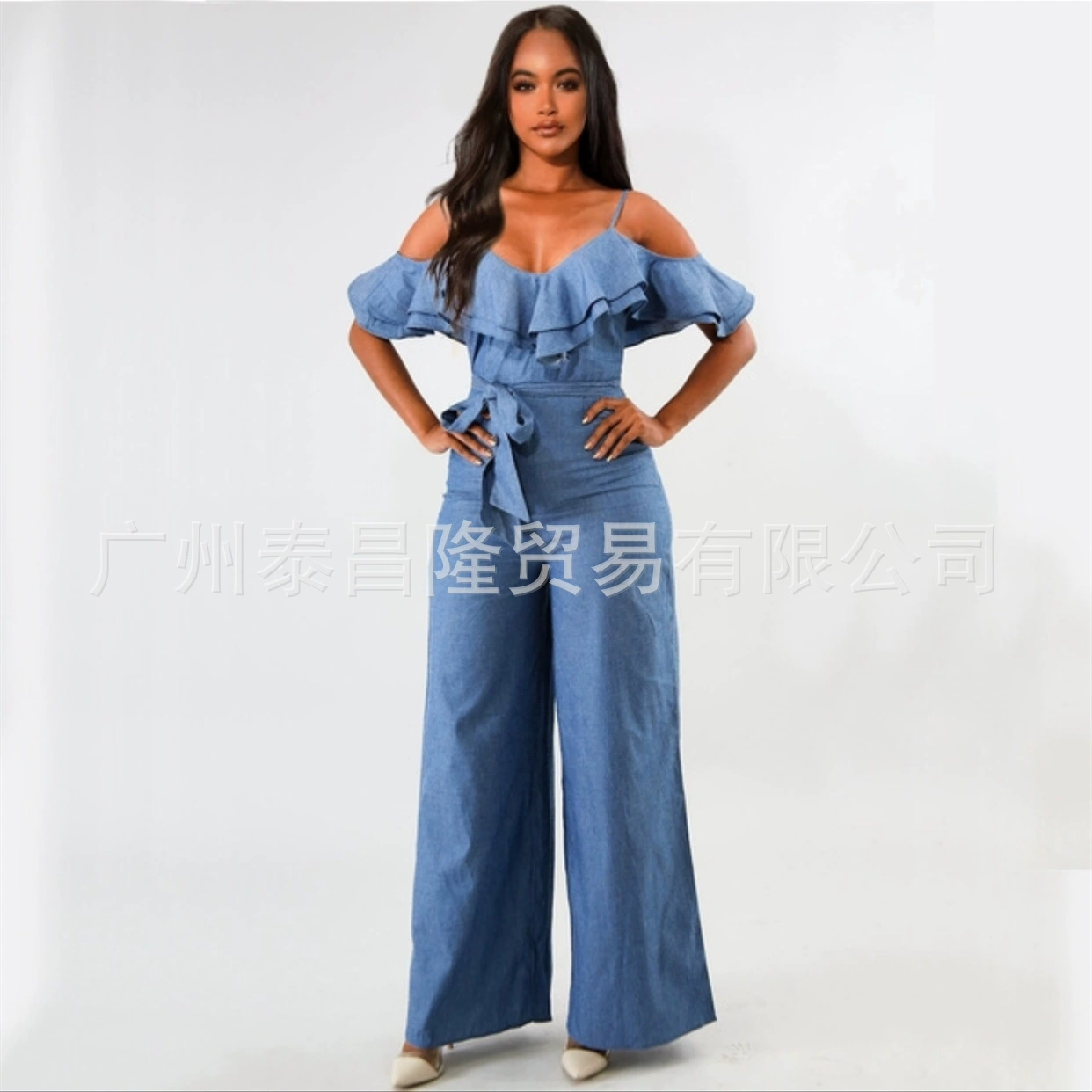 Желаю Amazon Европа и США трансграничных взрывов, женский джинсовый комбинезон, модный пояс для чулок с рюшами, большие штанины