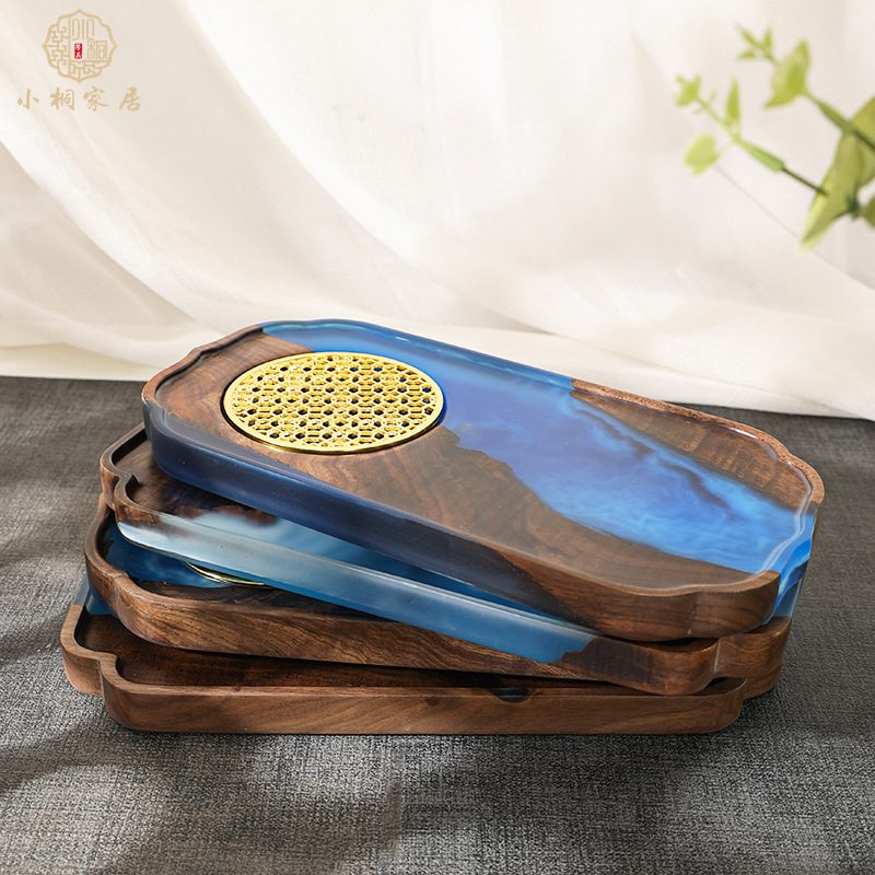 Nuevo chino epoxi resina seca burbuja Mesa negro nogal luz lujo hogar juego de té bandeja olla portavasos fruta bandeja