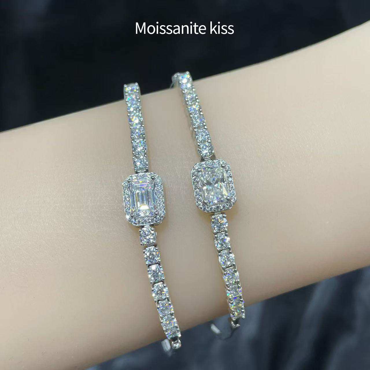 Cross-Border S925 Sterling Silver Bracelet for Women, Accessible Luxury Niche High-End Emerald-Cut Moissanite Bracelet, Sugar Cube Bracelet