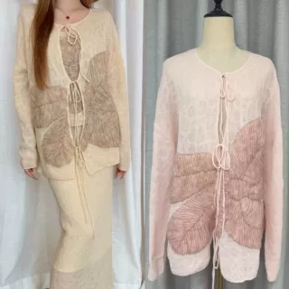 现货/26早秋新品/万物有纹/立体浮雕提花针织系带开衫上衣