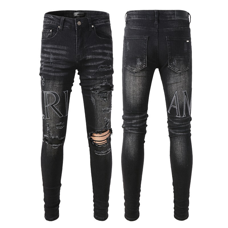 844 European and American Street Fashion Amiri Ripped Patch Jeans High Street Fashion Men's Personalized Design Slim Fit Jeans