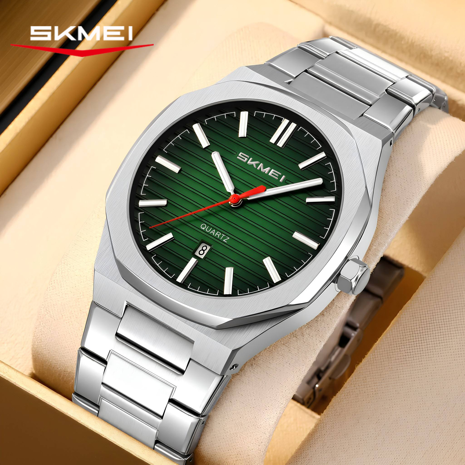 Momento de relojes de correa de acero octagonal esfera verde relojes de negocios para hombres comercio exterior al por mayor fábrica de fuente personalizada
