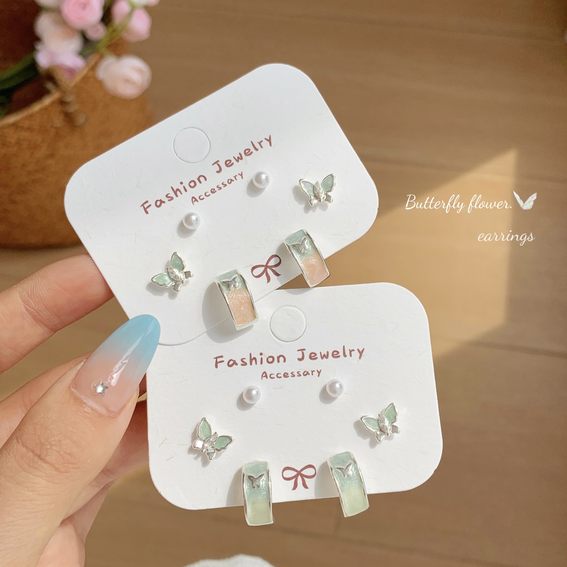 mori sweet mint mambo green butterfly c- ring earings set female silver needle niche refined grace fairy earrings