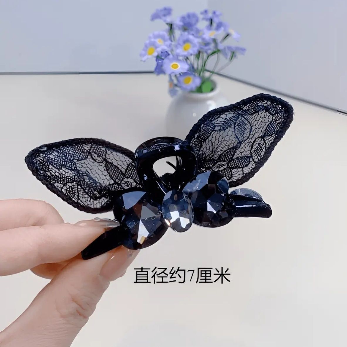 3# gray rhinestone lace rabbit ear gripper-7CM, AB side