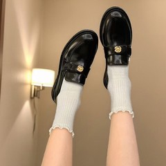 羊皮版~真皮山茶花金扣圆头一脚蹬粗跟乐福鞋女英伦风小皮鞋单鞋