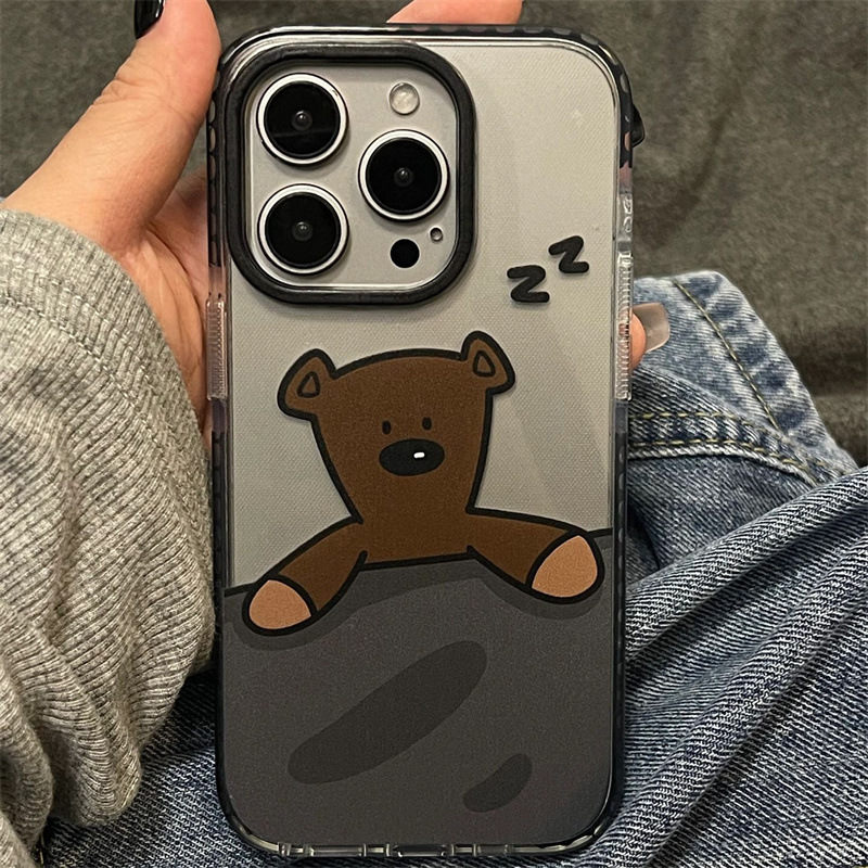 kekx Funny Cartoon Bean Teddy Bear Case for iPhone 15 Pro Max Apple 14 Transparent Phone Case 6