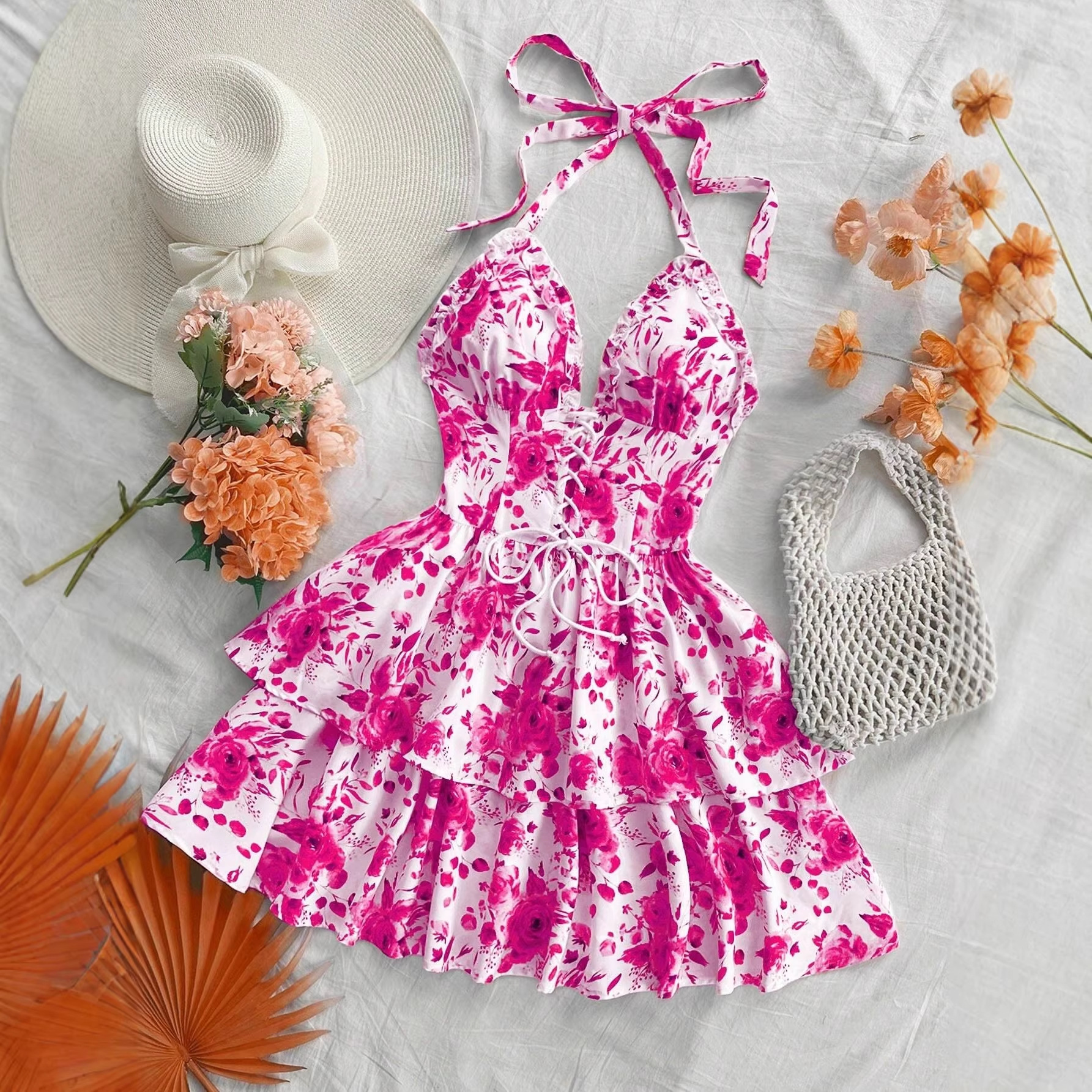 2026 European and American Cross-Border Women's Holiday Style Retro Blue and White Watercolor Rose Print Tie-Neck Decorative Dress