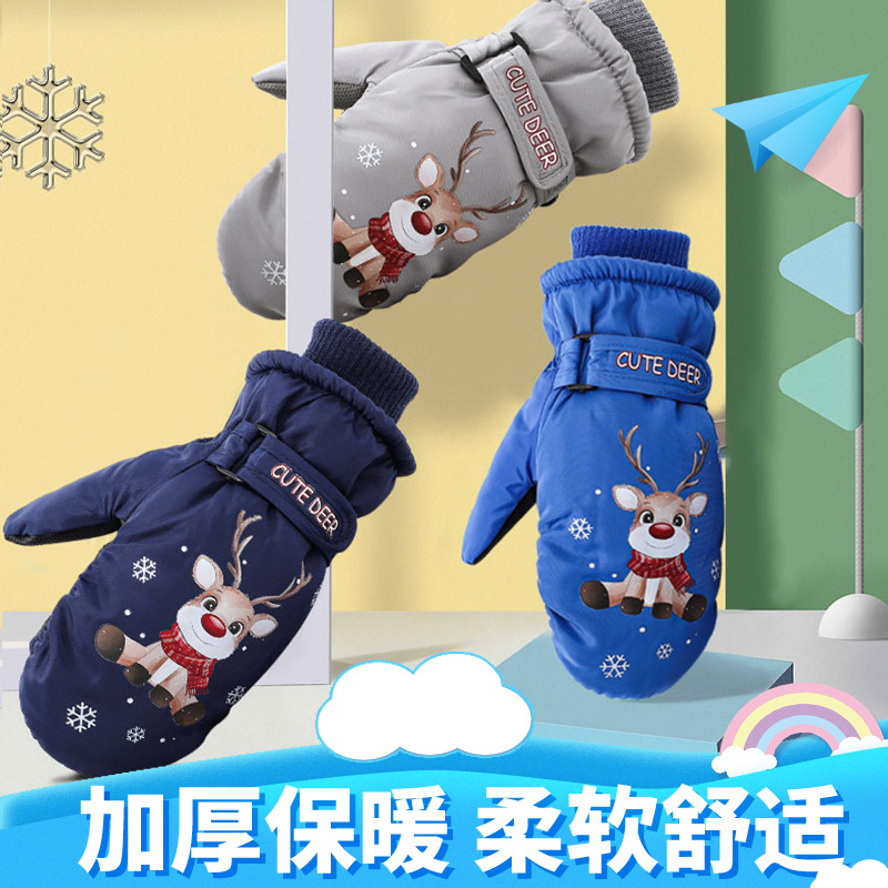 Children's Velvet Ski Gloves Warm Creative Cartoon Reindeer Winter Themed Gloves Wholesale for Men and Women