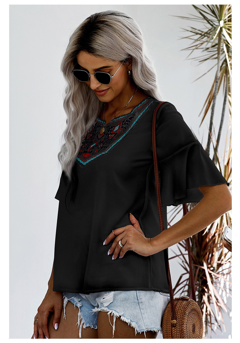 boho style loose short sleeve pullover embroidered t-shirt NSSI129533
