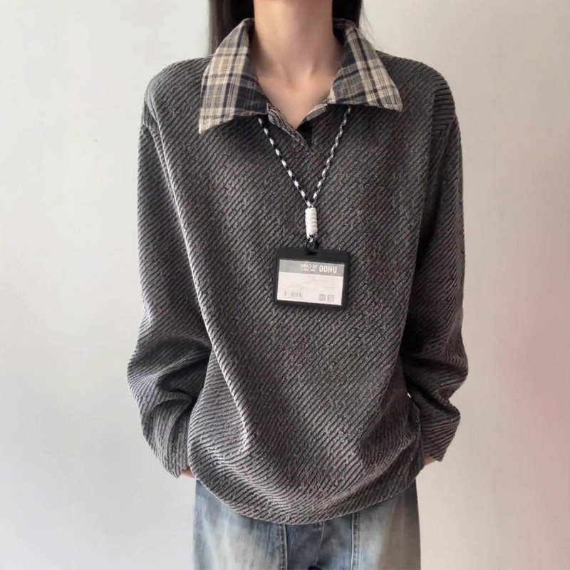 Dark Gray Chenille Thick Woolen Polo Sweatshirt Men's Autum American Heavy Long-Sleeved T-Shirt Small Fragrant Knitwear