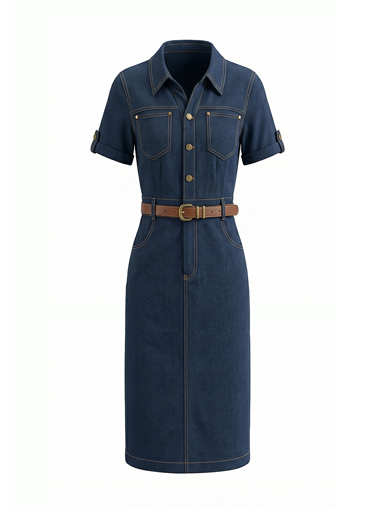 Đầm denim nữ cổ V eo cao tay ngắn dáng ôm — xanh lam