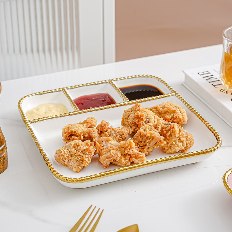 Estilo ins borde dorado con plato de vinagre Placa de dumpling hogar plato de merienda de tres rejillas de cerámica para una persona plato de desayuno de rejilla creativa