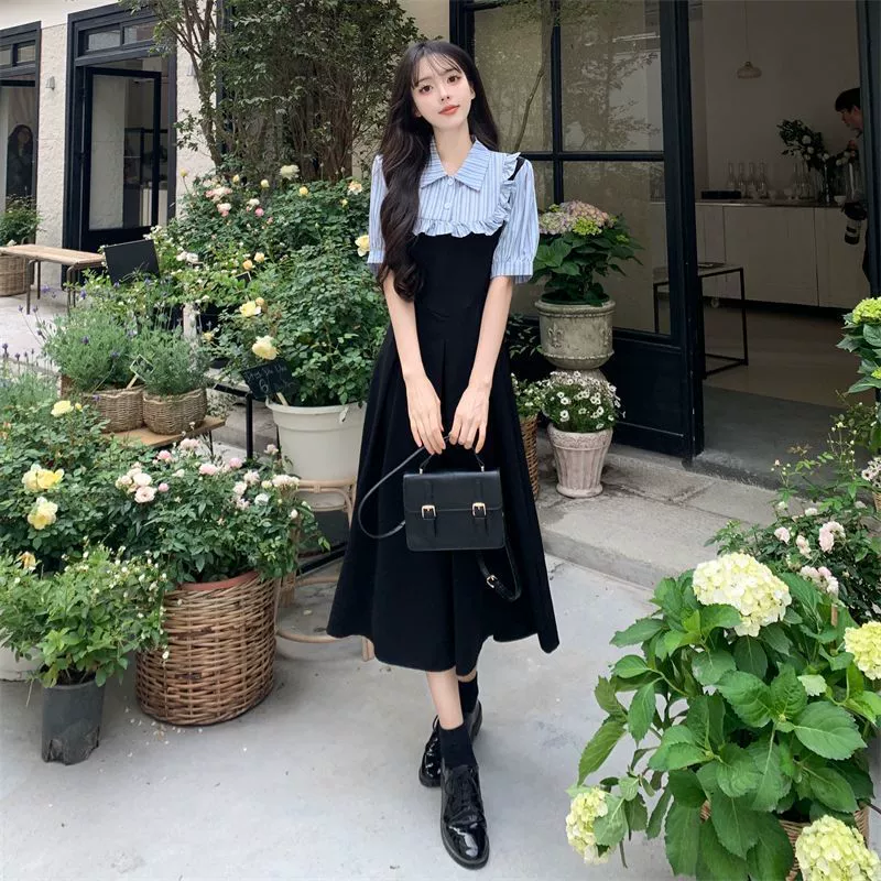 Академический стиль поддельные две тонкие платья женские новые летние талии, шикарные маленькие дизайнерские юбки