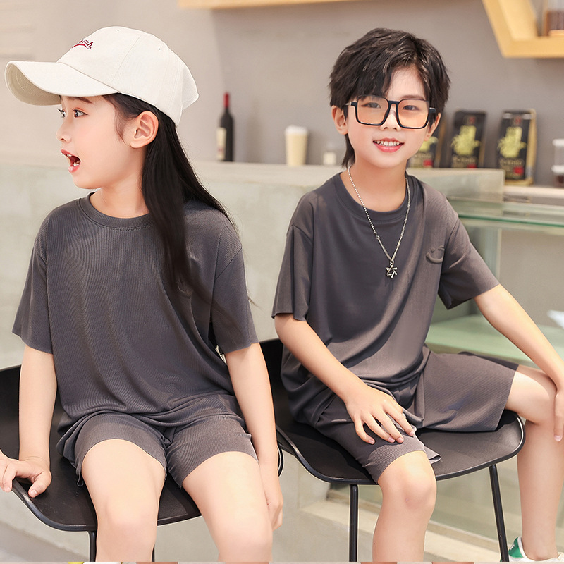 Children's Short-sleeved Home Clothes for Boys and Girls Summer Thin Ice Silk Pajamas Set for Junior High School Students