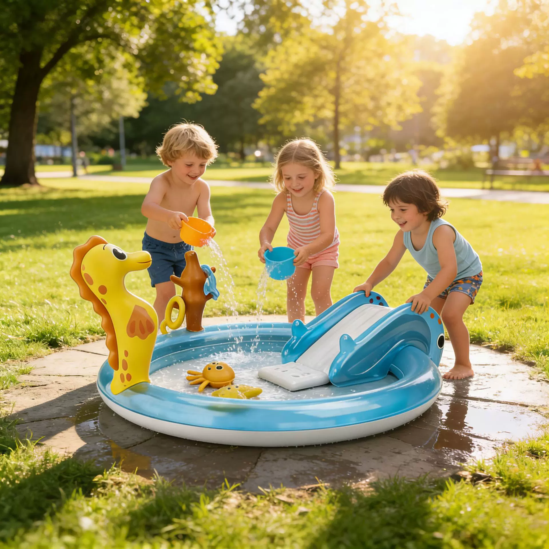 PVC儿童充气游泳池带滑梯游乐场多功能游戏水池户外家庭动物泳池