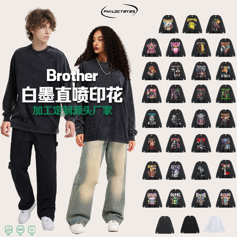 260g pesado copo de nieve frito de manga larga Camiseta americana retro alta calle moda marca suéter suelta Otoño e Invierno de los hombres y las mujeres de fondo