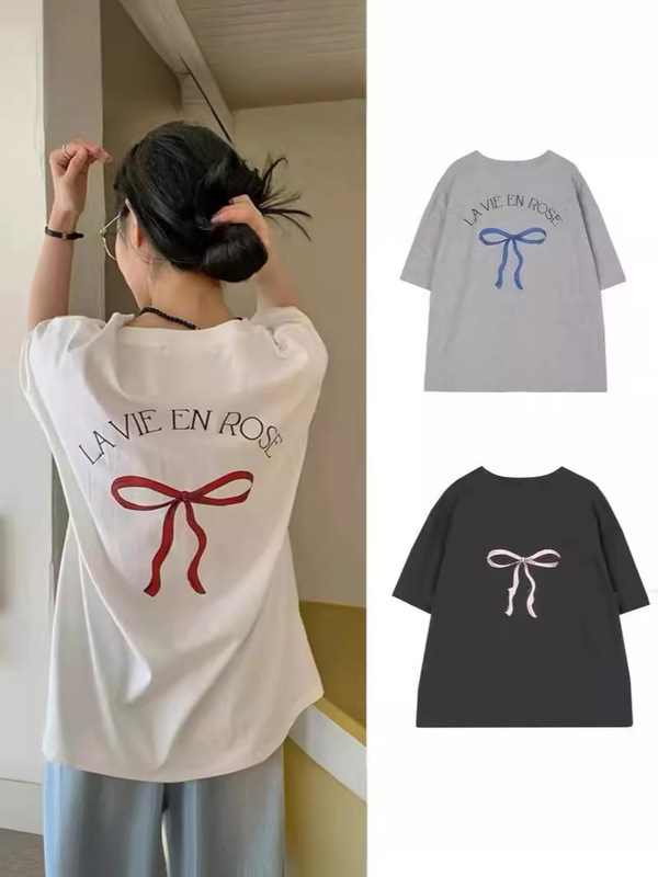 スポット韓国東大門夏のゆるい上着の女性ins風シンプルな綿の蝶結びプリント半袖tシャツの女性|undefined