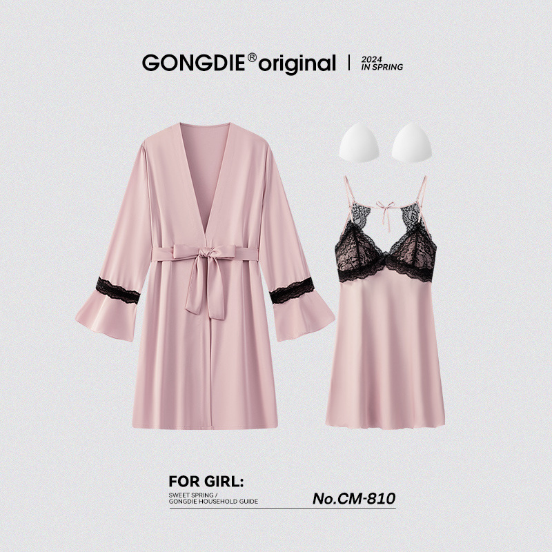 Camisole Pajamas for Women Spring and Autum Thin Ice Silk Outer Robe Two-Piece Summer Pure Lust Sexy Nightgown with Breast Pads