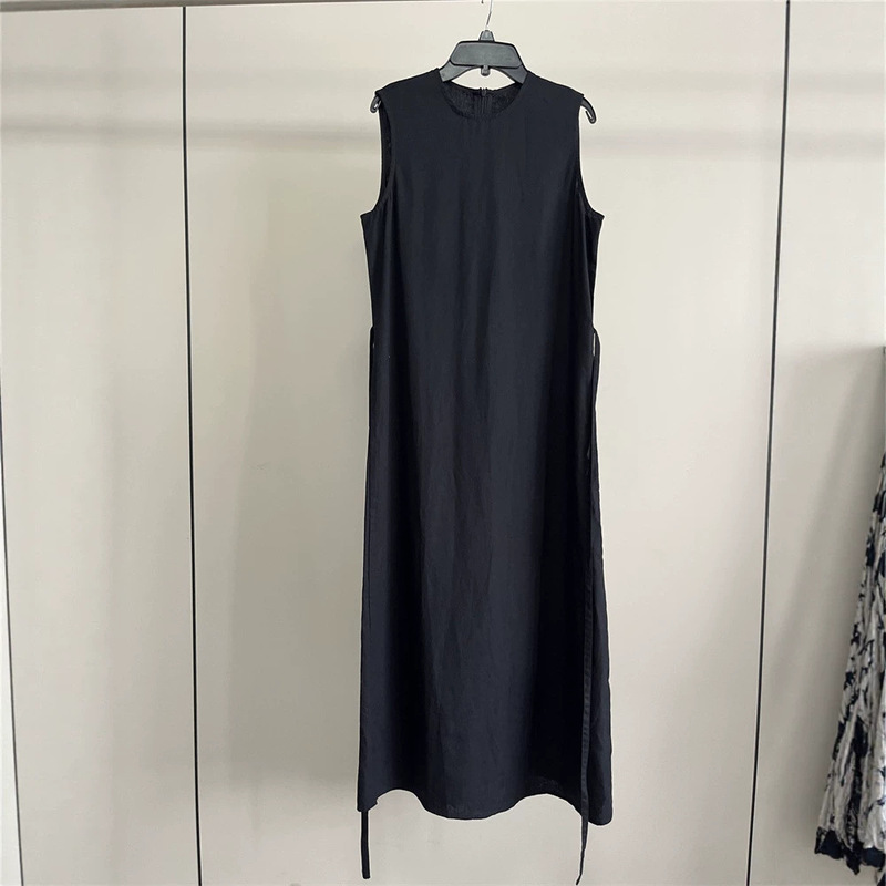 0825 Women's French-Style High-End Sleeveless Cotton-Linen Black Tie-Waist Slimming A-Line Mid-Length Dress 1020 0825 Women's French-Style High-End Sleeveless Cotton-Linen Black Tie-Waist Slimming A-Line Mid-Length Dress 1020