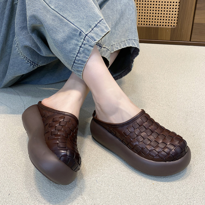 Top Layer Cowhide Vintage Hand-Woven Thick Bottom Toe Sandals and Slippers for Women 2025 Summer New Genuine Leather Outer Wear Half Slippers
