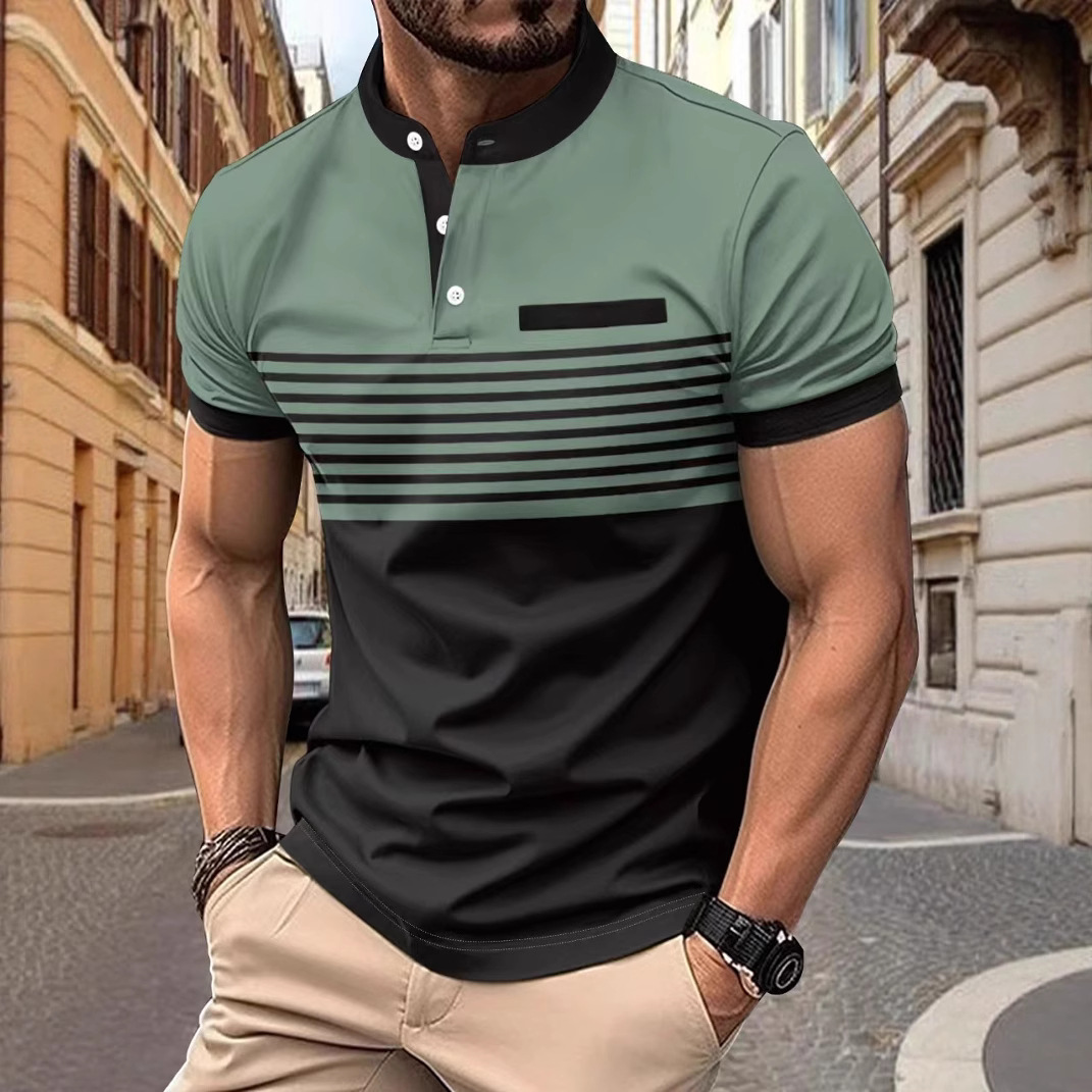 Cross-Border 2024 Summer New European and American Men's Clothing Stripesd Stand-Up Collar Short-Sleeved Polo Shirt Men's Golf Henley Shirt