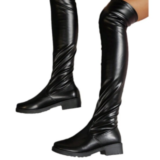 Einfarbige Ritterstiefel in Übergröße Überkniestiefel mit quadratischem Absatz Neue hohe Damenstiefel Flache hohe Stiefel_voghion.com