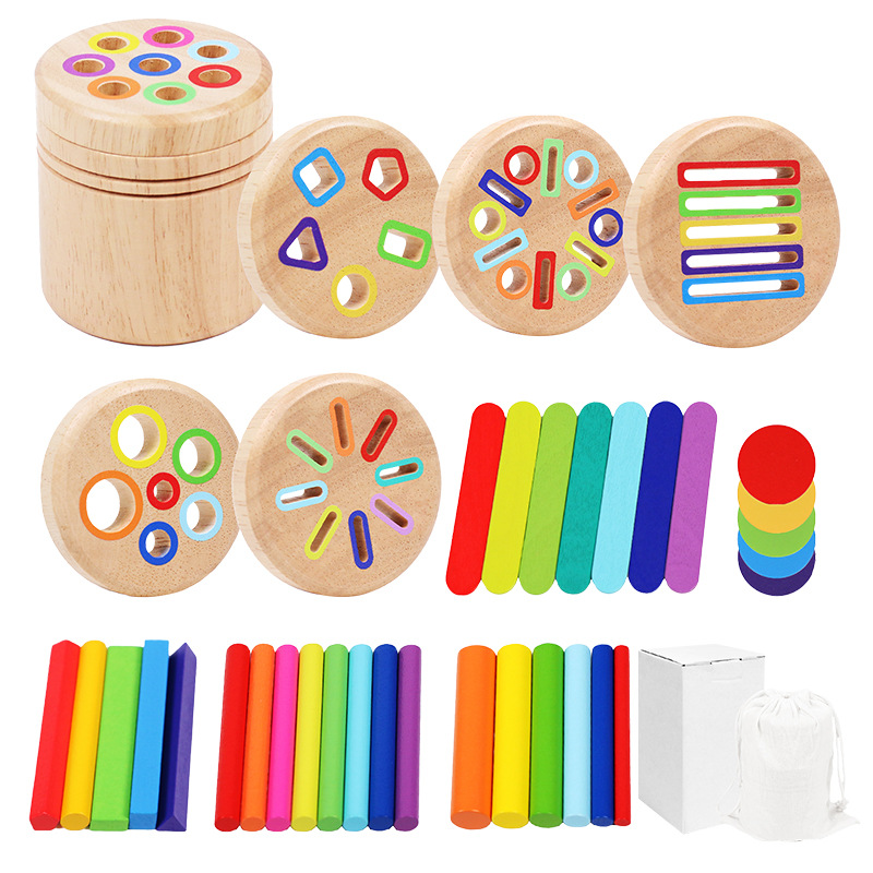 Color de madera emparejado tambor de clasificación mano-ojo coordinación de movimiento de agujero de inserción de juguetes de educación temprana para niños