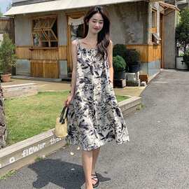 【优质四面弹面料】水墨印花吊带裙小个子夏季复古中长裙宽松连衣