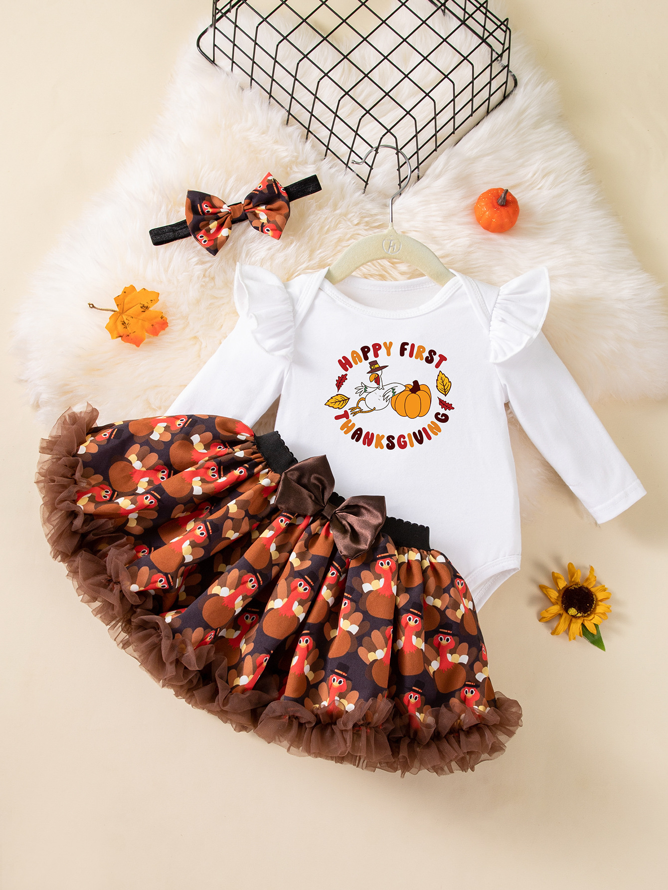 Children's Clothing Set for Girls: Cartoon Turkey Long-Sleeve Romper, Skirt, and Hair Accessories Wholesale 2025 Thanksgiving in Stock