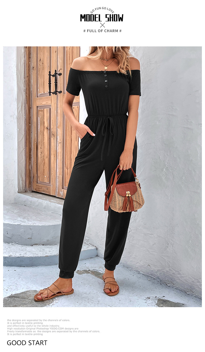 Tuta casual con spalle scoperte e colletto a una linea in tinta unita_voghion.com