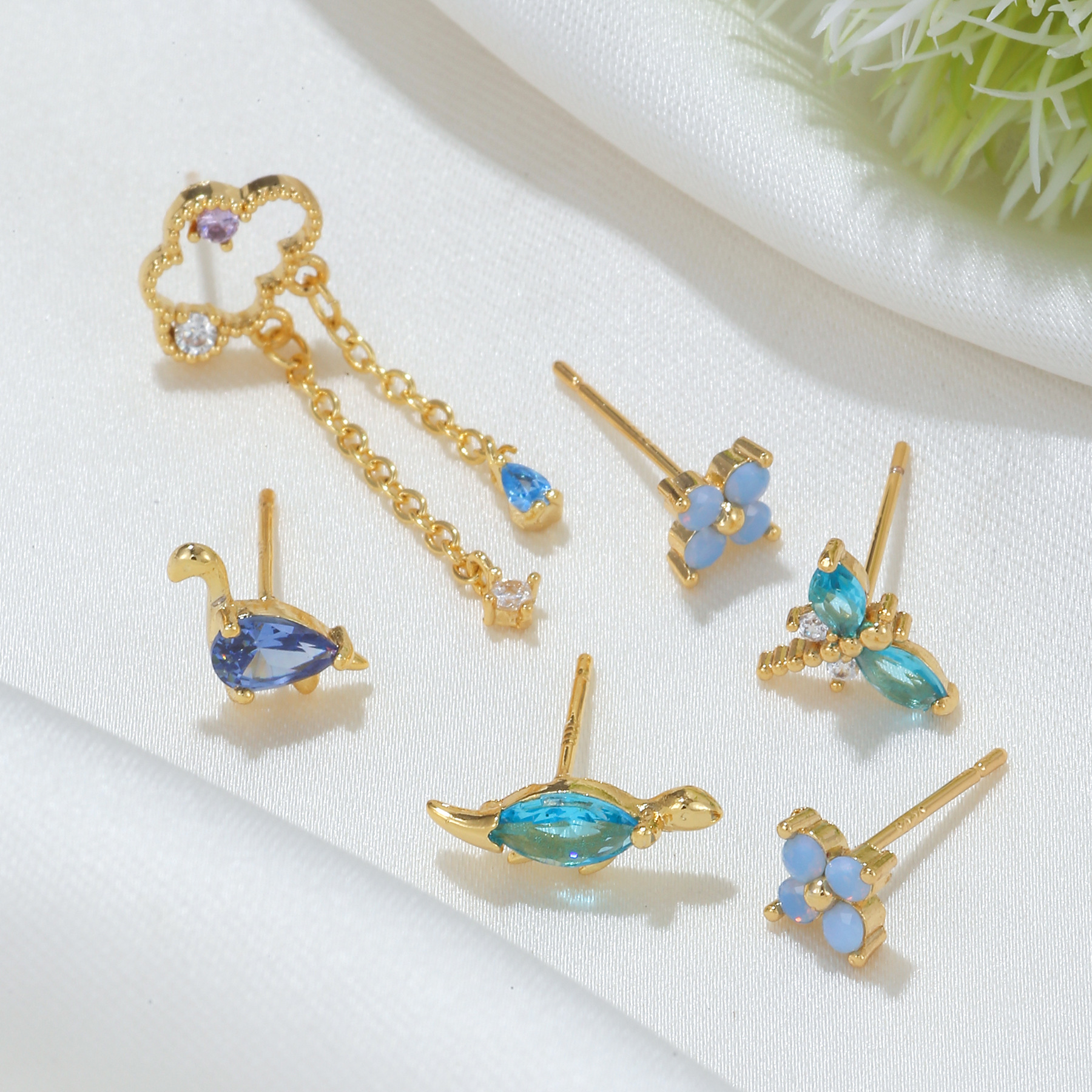 1 Set Quantity Cute Clouds Dinosaur Flower Copper Inlaid Zircon Earrings 1 Set