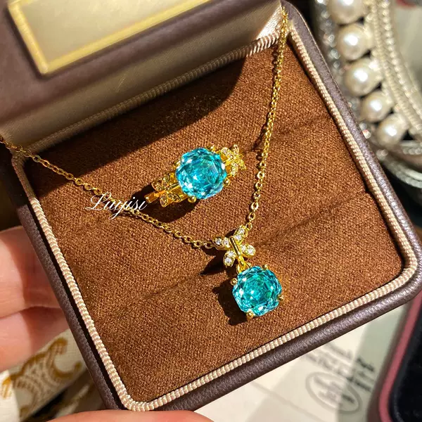 Octagonal Millennium Rose Cut Paraiba Necklace Women's Light Luxury High Carbon Diamond Butterfly Ring Purple Diamond Gold Set