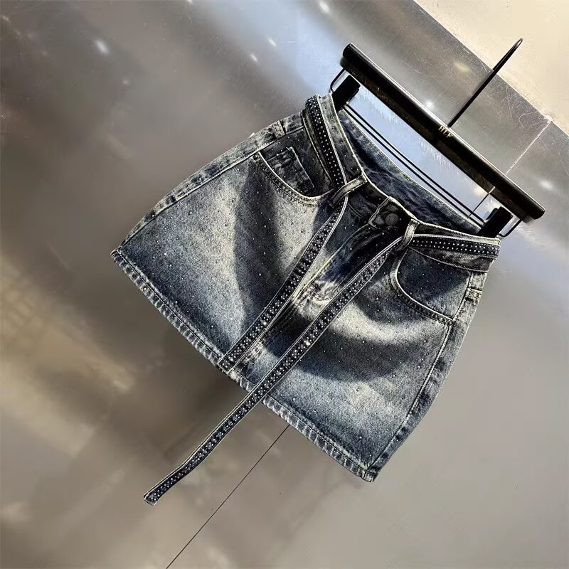 Retro-Denim-Midirock mit Farbverlauf und Strasssteinen in Übergröße, hochtailliert, figurbetonend, A-Linien-Minirock für Damen, neuer Sommerstil_voghion.com