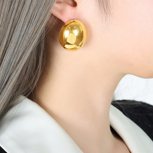 French minimalist geometric oval polished ellipse earrings exaggerated earring hooks titanium steel for women not fade