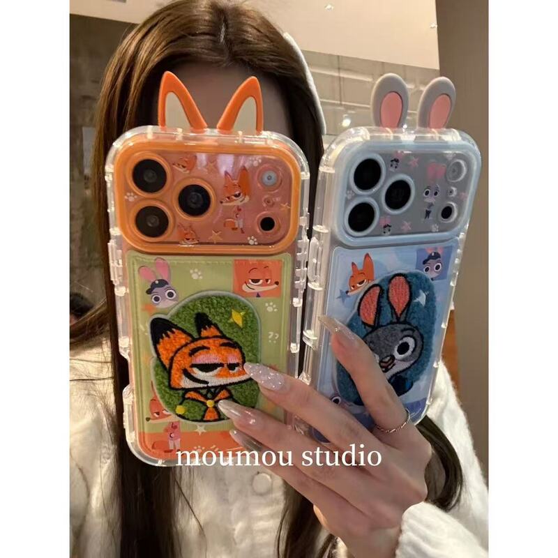 Cute Stereo Ear Embroider Rabbit Fox Suitable for Apple 17Promax Mobile Phone Case 16 Protective Cover Anti-Fall