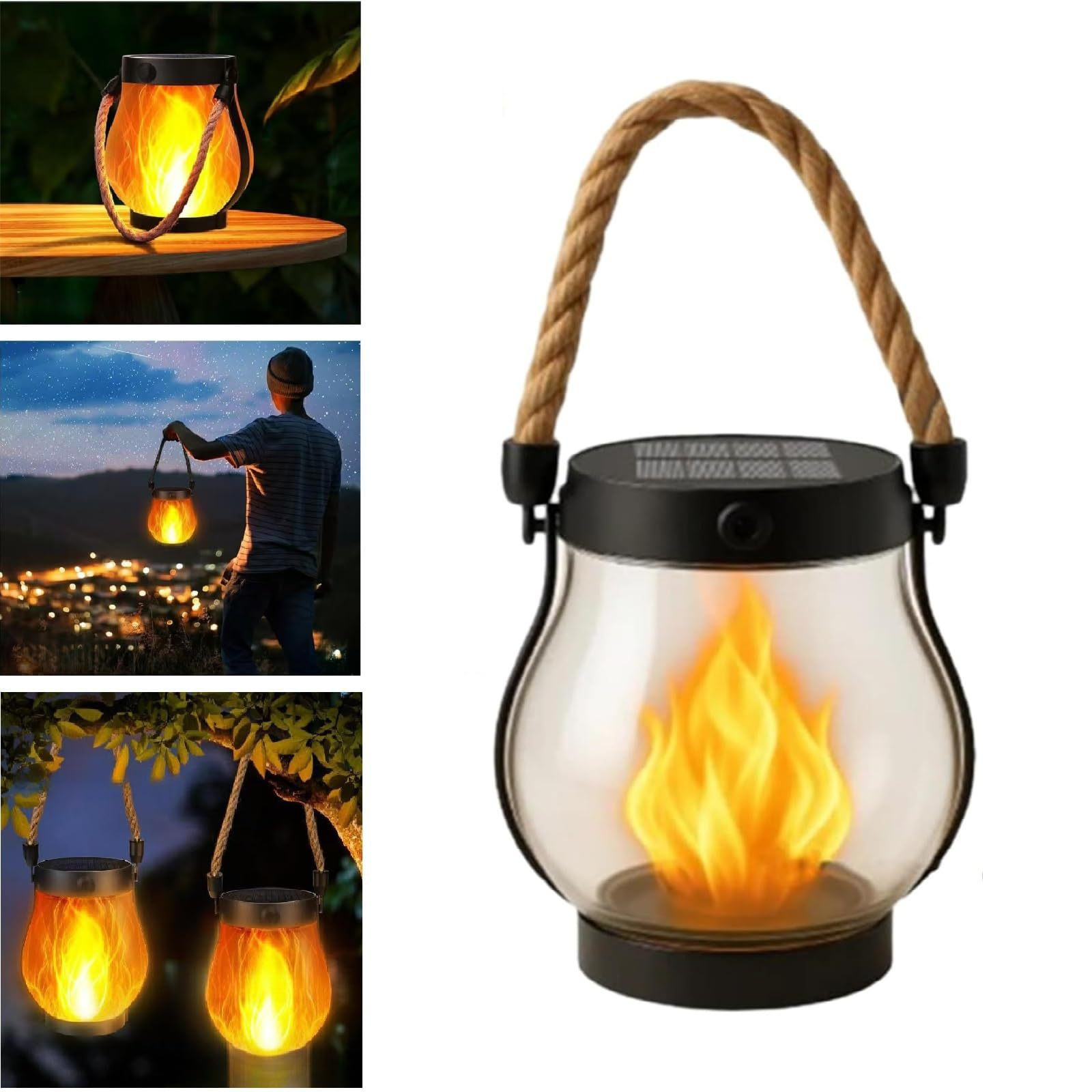 Outdoor Solar Light with Flame Dancing Effect Hemp Rope Hanging Flame Lantern USB and Solar