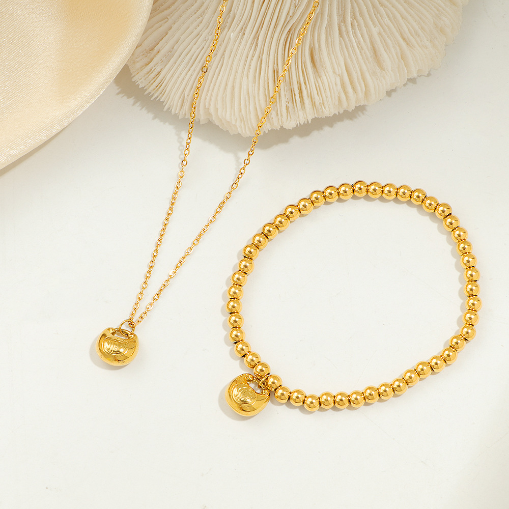 Vintage Heritage Gold Chunky Little Fat Fortune Bracelet for Women Coin Versatile Ancient Method Titanium Steel Good Luck Fortune Bag Necklace Set