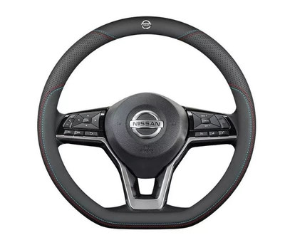leather men's and women's cross-border — Steering wheel cover - upper-and-lower-double-lines-d-shape-metal-car-logo-38cm