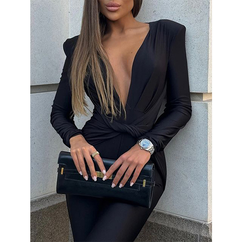 2025 Amazon Cross-border Summer Explosions Women's European and American Sexy Deep V-pleated Long-sleeved Tight-fit Pants