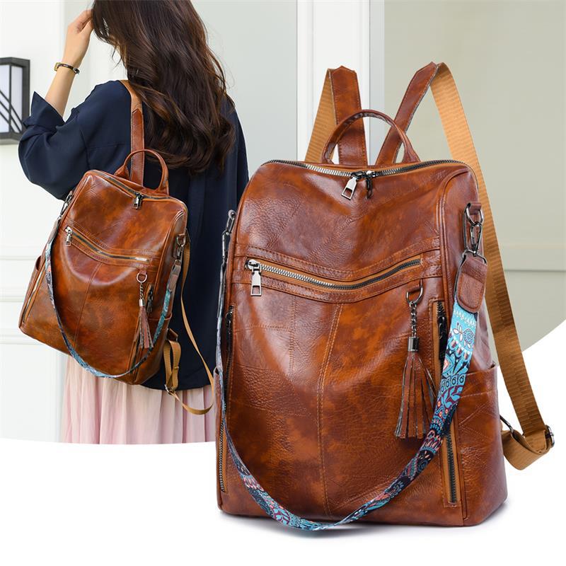 Mochila de cuero suave para mujer retro casual de nuevo estilo transfronterizo, mochila de hombro de gran capacidad simple y versátil al por mayor