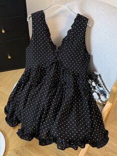 Black Polka Dot Halter Top for Women's Summer Outer Wear French Hottie V-Neck Backless Sleeveless Camisole Dress