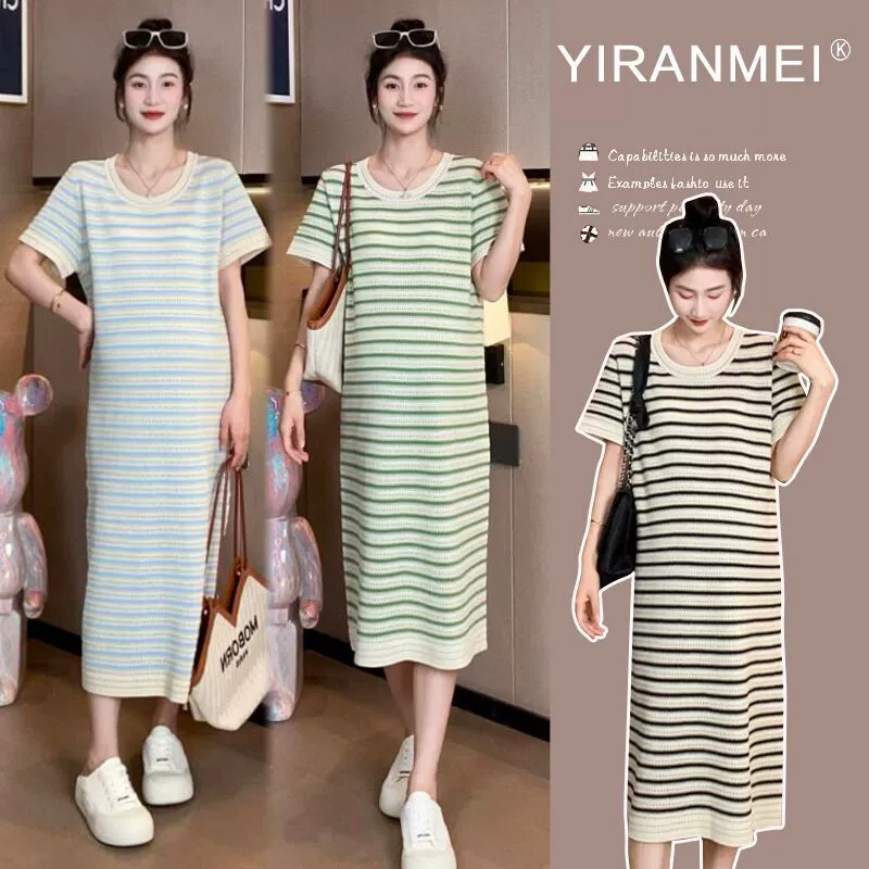 Модные трикотажные платья в полоску с ажурной по беременности и родам новые повседневные платья