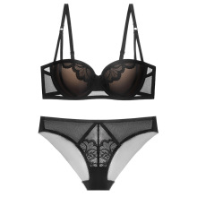 跨境欧美蕾丝女式内衣性感纯欲文胸套装小胸聚拢上托半杯胸罩整套