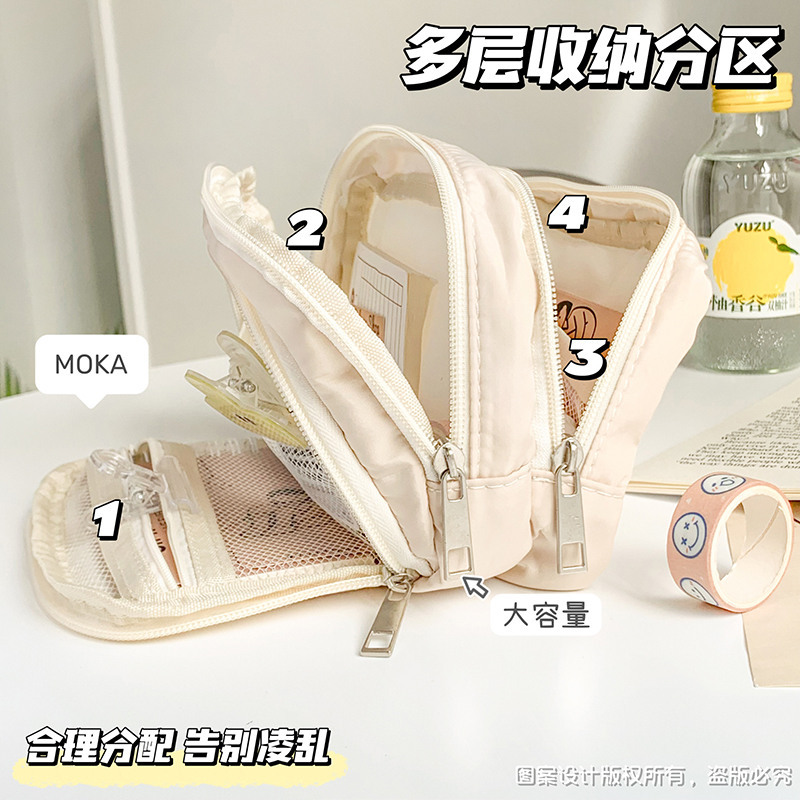 Bolsa de lápiz de lona de gran capacidad de tres capas bolsa de papelería simple estilo japonés ins chica bolsa de almacenamiento resistente a las manchas de múltiples capas