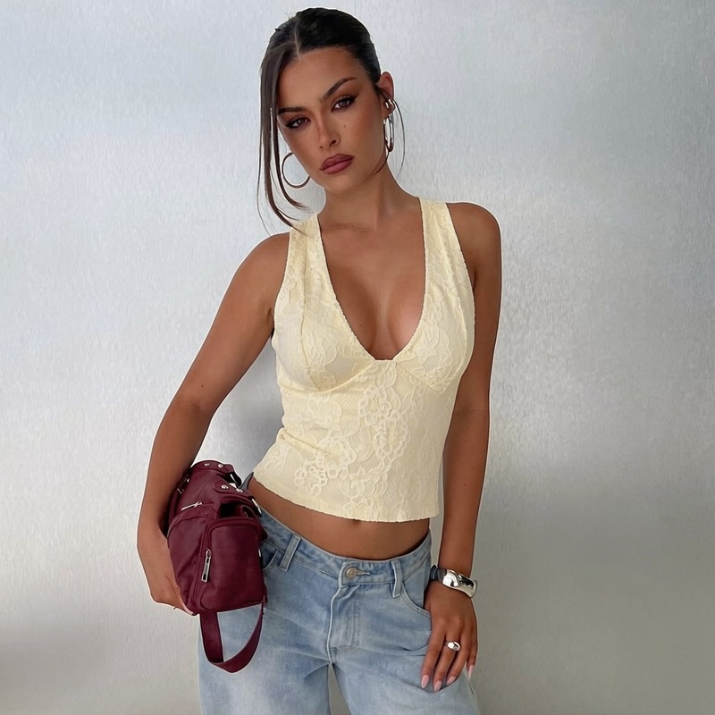 European And American Women's Clothing 2026 Summer New Fashion Spice Girl Lace Splicing Low Neck Tie Sexy Tube Top_ecoleips.com