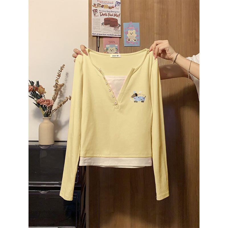 [40 Count 92 Cotton 8 Spandex] Tender Yellow Fake Two-Piece Long-Sleeved T-Shirt for Women in Early Autumn, Slim Fit, Unique and Chic Short Style