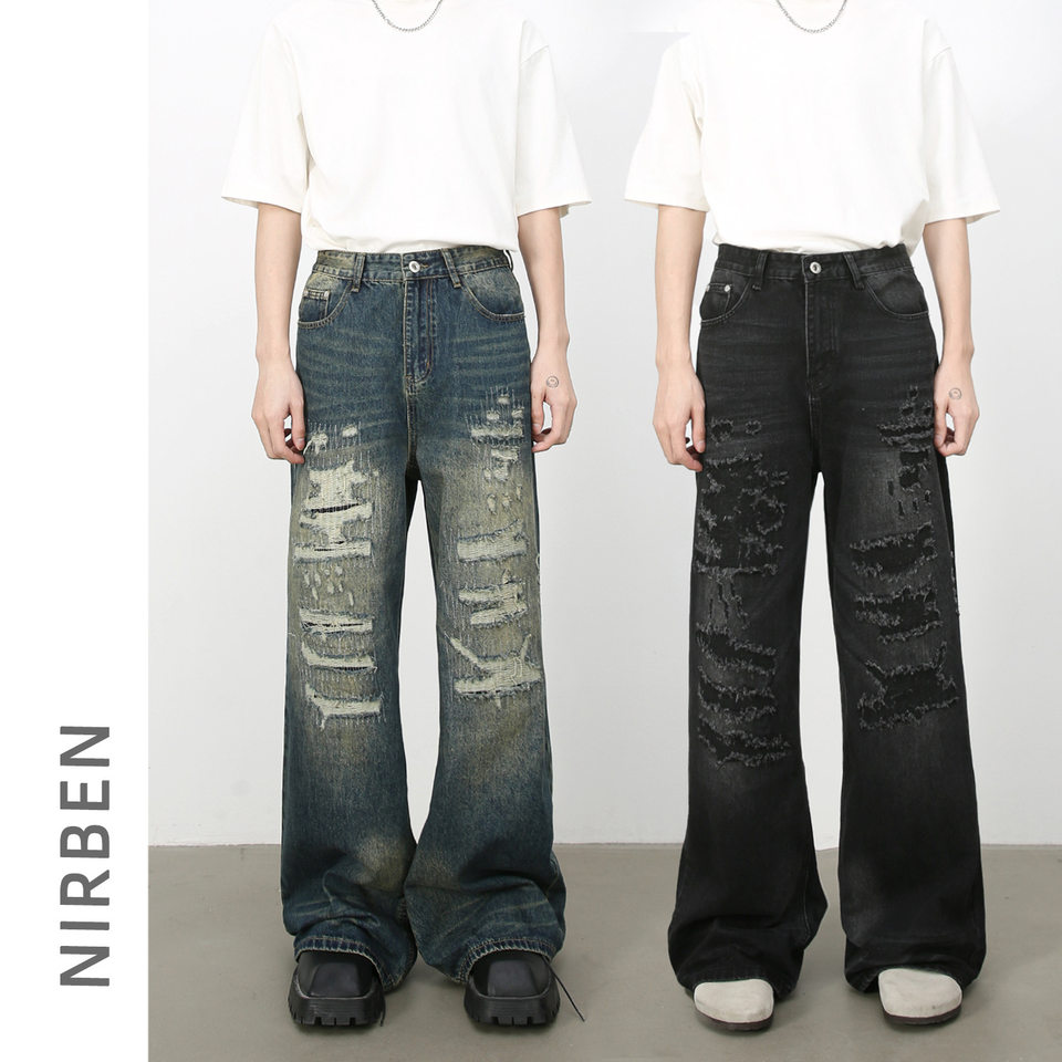 Quần jean nam ống rộng denim rách giặt cũ phong cách đường phố — Màu xanh lam, Đen xám