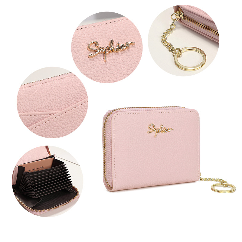 Bolsa de tarjetas de sobre de cremallera anti-magnética transfronteriza bolsa de cambio de mujer bolsa de órgano de múltiples tarjetas pu bolsa de tarjetas de color sólido sensación de alto nivel